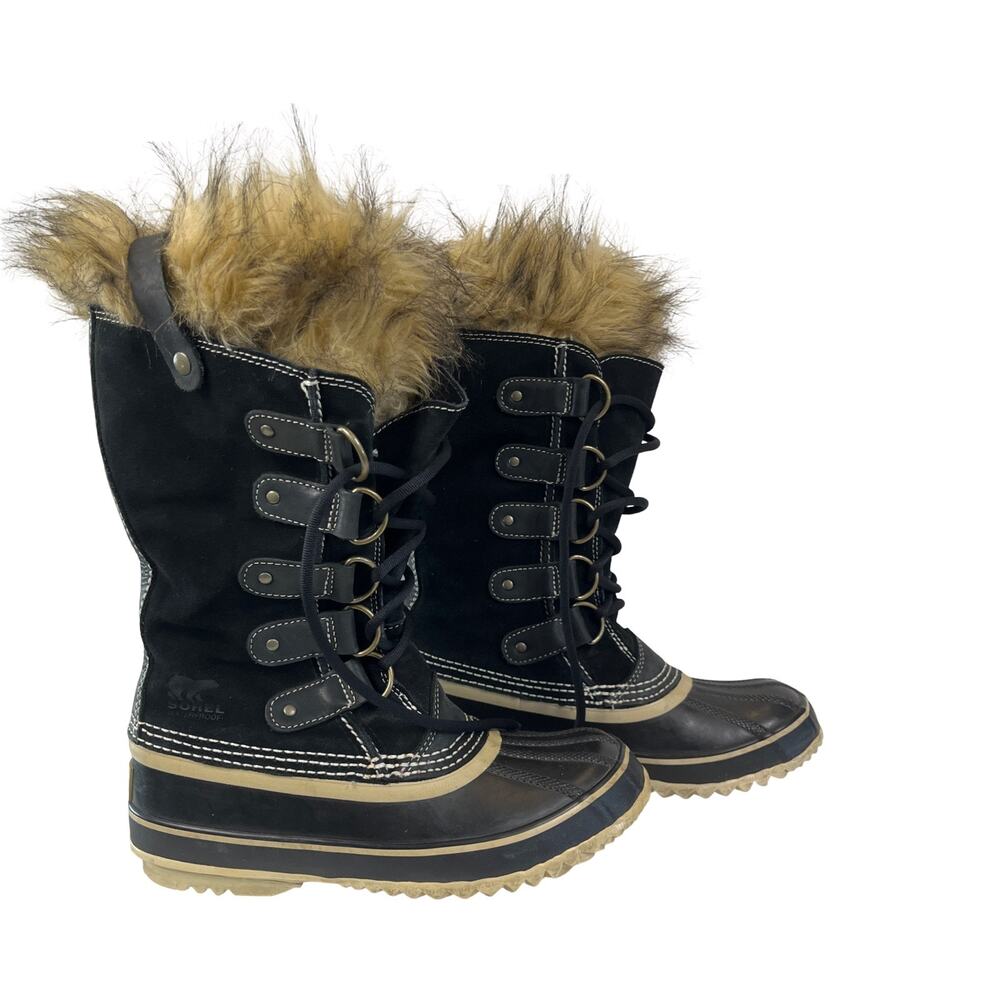Sorel Joan Of Arctic Black Waterproof Winter Boots Faux Fur Size 7